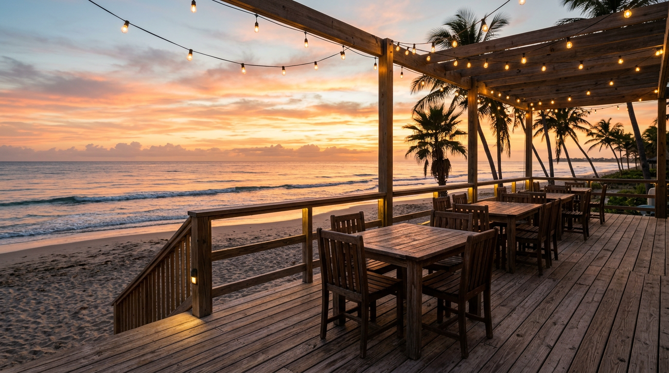 Empty timber tables on a beachfront deck overlooking the ocean at golden hour