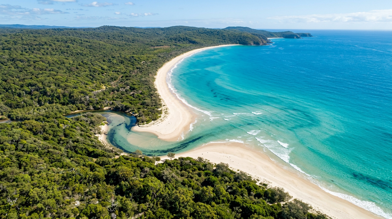 Aerial view of a curved sandy beach, turquoise water and coastal bushland on the Queensland coast
