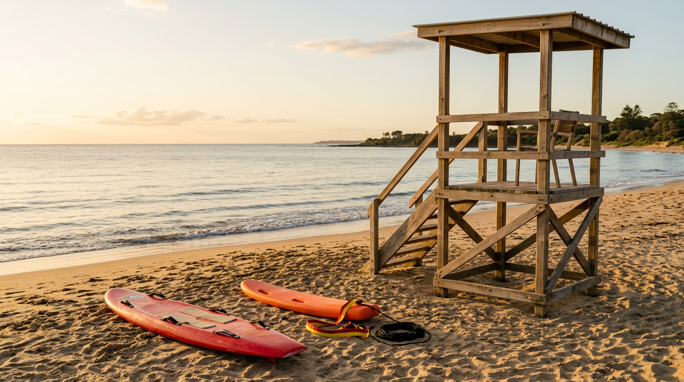Rescue board, rescue tube and a timber patrol tower on the sand beside calm water